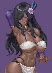 Rule 34 | 1girl, abs, absurdres, arm behind head, armpits, bikini, black hair, breasts, choker, cleavage, closed mouth, dark-skinned female, dark skin, detached sleeves, feather hair ornament, feathers, fingernails, flower, hair flower, hair ornament, hair over one eye, highres, jewelry, large breasts, long hair, looking at viewer, muscular, muscular female, nail polish, navel, o-ring, o-ring bikini, o-ring bottom, o-ring top, original, pink flower, purple background, purple sleeves, ranma (kamenrideroz), red eyes, red nails, ring, simple background, swimsuit, yellow choker