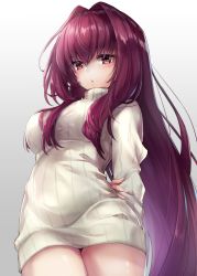 Rule 34 | :o, arm behind back, arms behind back, bad id, bad nicoseiga id, breasts, commentary request, fate/grand order, fate (series), gradient background, grey background, hair between eyes, hair intakes, hane yuki, highres, large breasts, long hair, looking at viewer, purple hair, red eyes, ribbed sweater, scathach (fate), simple background, solo, sweater, turtleneck, turtleneck sweater, very long hair, white background, white sweater