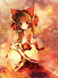 Rule 34 | 1girl, bad id, bad pixiv id, between fingers, blush, bow, brown hair, detached sleeves, female focus, hair bow, hair tubes, hakurei reimu, holding, japanese clothes, kashiwaba hisano, long hair, miko, ofuda, red eyes, red theme, smile, solo, touhou, x arms