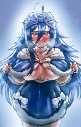 Rule 34 | ahoge, blue bow, blue capelet, blue hair, blue skirt, blush, bow, breasts, breath, capelet, collarbone, commentary, cyberlive, english commentary, fur choker, hair between eyes, hair bow, highres, long hair, looking at viewer, minster (dooke), off shoulder, oumiya emma, pink bow, red eyes, skirt, smile, solo, underboob, virtual youtuber, white bow