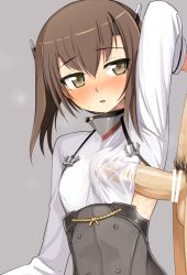 Rule 34 | 10s, 1girl, arm up, armpits, blush, breasts, brown eyes, brown hair, covered erect nipples, erection, frottage, headband, headgear, kantai collection, kumadano, looking at viewer, naizuri, nude, open mouth, paizuri, penis, penis to breast, penis under another&#039;s clothes, short hair, small breasts, solo focus, taihou (kancolle), testicles