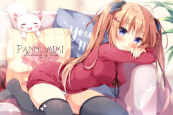 Rule 34 | 1girl, artist name, black thighhighs, blush, breasts, cat, commentary request, couch, covered erect nipples, dress, hair ornament, hair ribbon, hairclip, head rest, indoors, light brown hair, long hair, long sleeves, looking at viewer, medium breasts, on couch, original, pan (mimi), panties, pantyshot, pillow, purple eyes, red sweater, ribbed sweater, ribbon, sitting, smile, solo, sweater, sweater dress, thighhighs, twintails, underwear, white panties