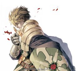 Rule 34 | 1boy, armor, artist name, blonde hair, blue cape, blue shirt, breastplate, cape, closed eyes, closed mouth, commentary request, cross, crusader (ragnarok online), dated commentary, ear piercing, floral print, gauntlets, grandyoukan, holding, holding shield, korean commentary, long sleeves, pauldrons, petals, piercing, ragnarok online, rose print, shield, shirt, short hair, shoulder armor, simple background, solo, tabard, upper body, watermark, web address, white background