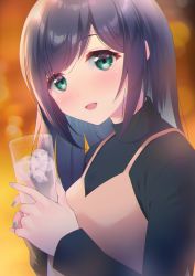 Rule 34 | 1girl, alcohol, apron, black hair, blue nails, blush, commentary request, cup, drinking glass, fingernails, green eyes, green shirt, highres, holding, holding cup, ice, kantai collection, long hair, long sleeves, nail polish, open mouth, shirt, smile, solo, souryuu (kancolle), tsukimochikuriko (tsukimochi k), upper body, yellow apron