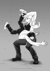 Rule 34 | 1boy, 1girl, bad id, bad twitter id, bare shoulders, black hair, black pants, black shirt, breasts, chainsaw man, dd36051, expressionless, eyepatch, fighting, grey background, greyscale, highres, hirofumi yoshida (chainsaw man), leg grab, medium breasts, medium hair, mole, mole under mouth, monochrome, muscular, muscular female, pants, quanxi (chainsaw man), shirt, shoes, short hair, size difference, sneakers, tank top, upside-down, yoshida hirofumi