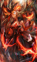 Rule 34 | 1girl, absurdres, bare shoulders, black nails, blonde hair, blue eyes, breasts, crimson lotus moth (genshin impact), dress, eye mask, fire, frozen, fur trim, genshin impact, highres, large breasts, long hair, looking at viewer, mask, mask over one eye, red dress, shiramigame, signora (crimson witch of embers) (genshin impact), signora (genshin impact), solo
