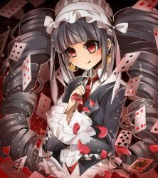 Rule 34 | 10s, 1girl, :d, bad id, bad pixiv id, black hair, blazer, bonnet, card, celestia ludenberg, claw ring, danganronpa: trigger happy havoc, danganronpa (series), drill hair, earrings, flower, frills, gothic lolita, hairband, highres, jacket, jewelry, lolita fashion, lolita hairband, long hair, maid, necktie, open mouth, petals, playing card, rattle, red eyes, rose, shirt, smile, solo, supuringe, twin drills, twintails
