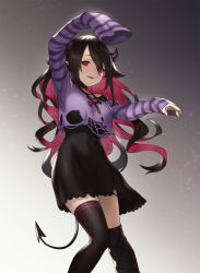 Rule 34 | 1girl, abstract background, arms up, asymmetrical clothes, black dress, black hair, black thighhighs, breasts, collar, commentary, demon girl, demon horns, demon tail, dress, gradient background, grey background, highres, horns, houtengeki, light smile, long hair, looking at viewer, medium breasts, multicolored hair, nijisanji, outstretched arms, pale skin, pink hair, pointy ears, purple shirt, raised eyebrows, red eyes, shirt, skirt, sleeves past fingers, sleeves past wrists, smile, solo, striped clothes, striped shirt, tail, thighhighs, torn clothes, torn shirt, torn skirt, two-tone hair, virtual youtuber, wavy hair, white background, yamiyono moruru, zettai ryouiki