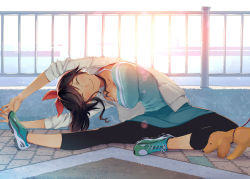 Rule 34 | 1girl, arms up, backlighting, black leggings, breasts, brown hair, check copyright, commentary, copyright request, dog, closed eyes, flagstone, hair ribbon, hattori mitsuru, jacket, leaning to the side, leggings, lens flare, long hair, miniskirt, no socks, open clothes, open jacket, original, outstretched leg, pants, pants under skirt, ponytail, railing, ribbon, ringlets, shirt, shoes, sitting, skirt, sleeveless, sleeveless shirt, smile, sneakers, solo, spaghetti strap, stretching, sun, sunrise, wavy mouth, windbreaker
