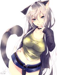 Rule 34 | 1girl, :q, animal ear fluff, animal ears, belt, black belt, black choker, black jacket, blue eyes, blue shorts, breasts, cat ears, cat girl, cat tail, chita (ketchup), choker, closed mouth, collarbone, commentary request, fingernails, groin, hand on own hip, highres, jacket, large breasts, long hair, looking at viewer, open clothes, open jacket, original, shirt, short shorts, shorts, signature, silver hair, simple background, smile, solo, tail, tongue, tongue out, very long hair, white background, yellow shirt