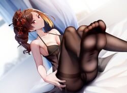 Rule 34 | 1girl, black bra, black negligee, black pantyhose, blonde hair, blush, bra, breasts, brown hair, cameltoe, chiori (genshin impact), cleft of venus, collarbone, commentary request, drill hair, drill ponytail, genshin impact, hair ornament, halterneck, highres, indoors, long hair, looking at viewer, medium breasts, miss shiro, multicolored hair, on bed, open mouth, pantyhose, parted lips, red eyes, sitting, soles, solo, thighband pantyhose, thighs, underwear
