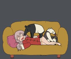 Rule 34 | 1girl, :d, animal, bare legs, barefoot, bird, blush stickers, chinese clothes, closed eyes, commentary request, couch, drooling, facing viewer, grey background, grey hair, hand up, highres, jacket, long hair, long sleeves, lying, on couch, on side, open mouth, original, penguin, pillow, red jacket, simple background, sleeping, sleeves past wrists, smile, solo, tapir, wide sleeves, yukimoto shuuji (gurigura)