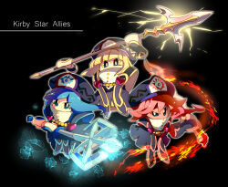 Rule 34 | 3girls, axe, black background, black headwear, black robe, blonde hair, blue eyes, blue hair, blue trim, blunt bangs, blunt ends, bracer, brooch, buttons, commentary request, covered mouth, disembodied hand, facial mark, fire, flamberge (kirby), francisca (kirby), hat, heart, heart brooch, heart print, holding, holding axe, holding polearm, holding sword, holding weapon, ice, jewelry, kirby: star allies, kirby (series), lapels, lightning, long hair, looking at viewer, multiple girls, neckerchief, nintendo, polearm, rayman limbs, red hair, red trim, robe, shirushiki, short hair, siblings, sisters, spiked hair, sword, tan, v-shaped eyebrows, weapon, white neckerchief, yellow trim, zan partizanne