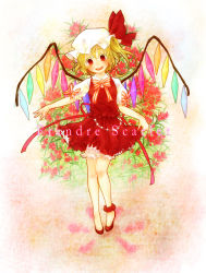 Rule 34 | 1girl, adapted costume, blonde hair, female focus, flandre scarlet, floral background, flower, hat, highres, looking at viewer, no nose, ozawa, ponytail, red eyes, short hair, side ponytail, smile, solo, embodiment of scarlet devil, touhou, wings