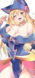 Rule 34 | 1girl, absurdres, arms behind back, bare shoulders, blonde hair, blue leotard, blush, blush stickers, breasts, choker, cleavage, collarbone, dark magician girl, duel monster, green eyes, hair between eyes, hat, highleg, highleg leotard, highres, large breasts, leotard, long hair, looking at viewer, one eye closed, open mouth, pelvic curtain, pentacle, shino (comic penguin club), smile, solo, thighs, wizard hat, yu-gi-oh!, yu-gi-oh! duel monsters