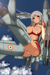 Rule 34 | 1girl, absurdres, aircraft, airplane, blush, breast suppress, breasts, bridal gauntlets, circlet, cloud, covered erect nipples, dark-skinned female, dark skin, day, facial mark, flying, forehead mark, grey eyes, grey hair, highres, hu sea, indian clothes, jewelry, large breasts, lens flare, long hair, lots of jewelry, mecha musume, midriff, military, miniskirt, navel, nipples, ocean, original, panties, pantyshot, parted lips, personification, red skirt, short sleeves, skirt, solo, strike witches, striker unit, tan, underwear, upskirt, white panties, world witches series