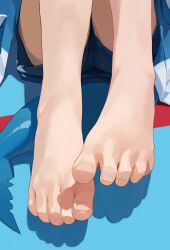 Rule 34 | 1girl, barefoot, blue background, blue shorts, blue tail, close-up, commentary, feet, feet only, fins, fish tail, foot focus, gawr gura, gawr gura (1st costume), highres, hololive, hololive english, knees up, legs together, shadow, short shorts, shorts, sitting, solo, tail, toenails, toes, ushiwaka, virtual youtuber