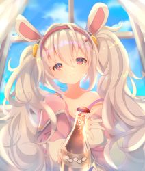 Rule 34 | 1girl, absurdres, animal ears, azur lane, blue sky, blurry, border, bottle, cloud, cloudy sky, cola, commentary request, curtains, depth of field, fake animal ears, hair between eyes, hairband, highres, holding, holding bottle, jacket, laffey (azur lane), long hair, long sleeves, looking at viewer, marekamico, rabbit ears, red eyes, sidelocks, sky, soda bottle, solo, spaghetti strap, twintails, white hair