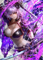 Rule 34 | 1girl, arm over head, aura, bikini, black bikini, black choker, black gloves, black jacket, breasts, choker, cleavage, commentary request, cropped jacket, dual wielding, fate/grand order, fate (series), gloves, grin, hair between eyes, highres, holding, holding sword, holding weapon, jacket, jeanne d&#039;arc alter (swimsuit berserker) (fate), jeanne d&#039;arc (fate), jeanne d&#039;arc alter (fate), jeanne d&#039;arc alter (swimsuit berserker) (fate), katana, large breasts, looking at viewer, midriff, o-ring, o-ring bikini, shrug (clothing), signo aaa, single thighhigh, smile, standing, swimsuit, sword, thigh strap, thighhighs, weapon, white hair, yellow eyes