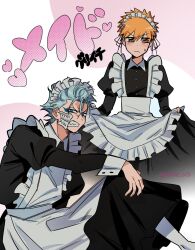 Rule 34 | &gt;:(, 2boys, alternate costume, angry, apron, black ribbon, black shirt, black skirt, bleach, blue eyes, blue hair, blush stickers, brown eyes, clenched teeth, commentary request, crossdressing, enmaided, facial mark, feet out of frame, frilled apron, frills, frown, grimmjow jaegerjaquez, hair between eyes, hair ribbon, hand on own knee, heart, highres, jitome, juliet sleeves, knee up, kurosaki ichigo, long skirt, long sleeves, looking at viewer, maid, maid apron, maid headdress, multiple boys, orange hair, puffy sleeves, ribbon, shaded face, shirt, short hair, simple background, sitting, skirt, skirt hold, spiked hair, standing, sweatdrop, teeth, translated, twitter username, v-shaped eyebrows, white apron, white background, yanono 015