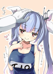 Rule 34 | ^^^, 10s, 1girl, amakara surume, bare shoulders, blue hair, breasts, gloves, hair ornament, hair ribbon, head pat, heart, heart-shaped pupils, i-19 (kancolle), kantai collection, large breasts, long hair, one-piece swimsuit, headpat, red eyes, ribbon, school swimsuit, smile, solo focus, swimsuit, symbol-shaped pupils, translation request, twintails, upper body, white gloves