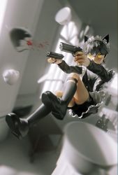 Rule 34 | 1boy, animal ears, bishounen, black hair, blood, blurry, blurry background, bowl, cat boy, cat ears, commentary request, dual wielding, fake animal ears, full body, gun, handgun, highres, holding, indoors, ishida (segu ishida), jumping, maid, male focus, mouse (animal), original, shoes, short hair, shorts, solo, table, tablecloth, thigh gap, thigh strap, thighhighs, thighs, weapon, yellow eyes