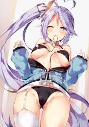 Rule 34 | 1girl, ahoge, azur lane, bare shoulders, bikini, black bikini, blue eyes, blue jacket, blush, breasts, cleavage, cleft of venus, garter straps, gluteal fold, groin, heart, heart-shaped pupils, heart ahoge, highres, jacket, large breasts, long hair, looking at viewer, md5 mismatch, mouth hold, off shoulder, one eye closed, open mouth, portland (azur lane), resolution mismatch, shiny skin, side ponytail, sidelocks, skirt, smile, source larger, star (symbol), star print, swimsuit, symbol-shaped pupils, thighhighs, unacchi (nyusankin), untied bikini, very long hair