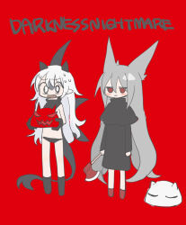 0_0 2girls :3 abysmal axe bikini bikini_bottom_only black_bikini black_capelet black_gloves black_robe black_scarf black_socks capelet chibi closed_mouth creature english_text gloves grey_hair hair_ears hatchet_(axe) holding holding_axe holding_creature horns jitome kokaki_mumose long_hair long_pointy_ears looking_at_viewer maroma_(abysmal) moneko_(null-meta) multiple_girls nervous_sweating open_mouth pointy_ears red_background red_eyes red_socks robe scarf shark_fin shion_(abysmal) simple_background socks standing sweat swimsuit tail very_long_hair white_eyes white_hair wide-eyed