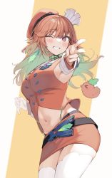 Rule 34 | 1girl, ;), beret, blush, breasts, colored inner hair, cowboy shot, crop top, detached sleeves, earrings, feather earrings, feathers, green hair, grin, hat, highres, hololive, hololive english, jewelry, kotori (takanashi kiara), large breasts, looking at viewer, midriff, multicolored hair, navel, one eye closed, orange hair, orange hat, orange skirt, pink eyes, shin no tenpii, simple background, skirt, smile, solo, standing, takanashi kiara, thighhighs, v, virtual youtuber, white hat, white thighhighs