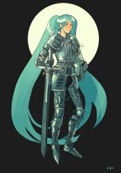 Rule 34 | 1girl, absurdres, aqua hair, armor, artist name, black background, black eyes, blush, commentary, earrings, english commentary, full body, gauntlets, glint, hatsune miku, helmet, highres, holding, holding helmet, holding sword, holding weapon, jaga (kociamieta), jewelry, knight, long hair, plate armor, sidelocks, smile, solo, sparkle, standing, sword, twintails, unworn headwear, unworn helmet, very long hair, vocaloid, weapon