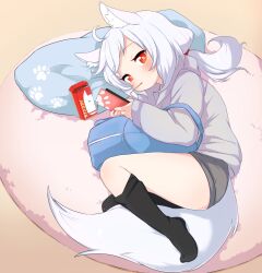 Rule 34 | 1girl, ahoge, animal ear fluff, animal ears, babalilo, bag, black socks, blush, cellphone, commentary request, commission, expressionless, fetal position, food, food in mouth, grey shorts, highres, holding, holding phone, hood, hoodie, kneehighs, long sleeves, looking at viewer, low ponytail, lying, medium hair, mouth hold, on side, original, paw print, phone, pocky, pocky in mouth, red eyes, short shorts, shorts, sideways glance, smartphone, socks, solo, tail, thighs, white hair, white hoodie