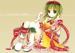 Rule 34 | 1girl, anzu (o6v6o), beige background, boots, brooch, character name, commentary request, expressionless, goggles, goggles on head, green eyes, green hair, gumi, hand on headphones, headset, jewelry, knee boots, knees up, looking at viewer, musical staff print, neck ribbon, orange vest, pointing, pointing at self, print ribbon, red-tinted eyewear, red ribbon, ribbon, short hair with long locks, sitting, skirt, solo, staff (music), thigh strap, tinted eyewear, vest, vocaloid, white footwear, white ribbon, wrist cuffs, yellow skirt