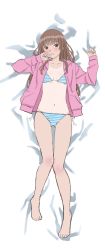 Rule 34 | 1girl, amagami, barefoot, bikini, blunt bangs, breasts, brown eyes, brown hair, dakimakura (medium), highres, jacket, kamizaki risa, long hair, looking at viewer, navel, one-piece tan, pink jacket, side-tie bikini bottom, small breasts, solo, striped bikini, striped clothes, swimsuit, tan, tanline, warder2013, wavy hair