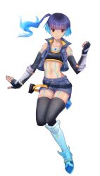 Rule 34 | 1girl, absurdres, blue hair, brown hair, chest jewel, dhnk7852, fiery hair, flat chest, glowing lines, high tops, highres, navel, sena (xenoblade), side ponytail, simple background, sneakers, solo, thighhighs, white background, xenoblade chronicles (series), xenoblade chronicles 3