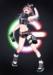 Rule 34 | 1girl, :d, absurdres, arm up, armpits, bad id, bad pixiv id, black background, black gloves, black shorts, black socks, bossan 3310, can, crop top, dive to zone, fingerless gloves, floating hair, full body, gloves, gradient hair, green eyes, heterochromia, highres, holding, holding can, long hair, looking at viewer, midriff, multicolored hair, nail polish, navel, open mouth, red eyes, red nails, shoes, short shorts, shorts, silver hair, smile, sneakers, socks, solo, standing, stomach