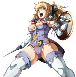 Rule 34 | 1girl, bare shoulders, blonde hair, bow, caryo, cassandra alexandra, from below, gloves, green eyes, hair bow, leotard, necktie, open mouth, pink necktie, ponytail, shield, shoulder pads, solo, soul calibur, soulcalibur, soulcalibur iv, sword, tabigarasu, thighhighs, weapon