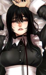 Rule 34 | 1girl, apron, black choker, black dress, black hair, black nails, breasts, choker, dress, eyeshadow, fingernails, green eyes, half-closed eyes, arms up, hands up, highres, hoshi san 3, large breasts, leash, long sleeves, looking at viewer, lying, maid, maid apron, makeup, mole, mole under eye, mole under mouth, nail polish, on back, on bed, original, parted lips, simple background, solo, upper body, viewer holding leash, white apron, white background