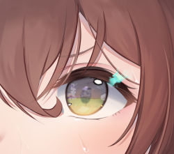Rule 34 | 1girl, absurdres, brown hair, close-up, commentary request, eye focus, eye reflection, hair between eyes, highres, looking at viewer, mejiro bright (umamusume), reflection, roido (taniko-t-1218), solo, sweat, umamusume, yellow eyes