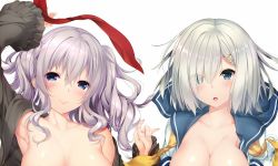 Rule 34 | 10s, 2girls, :o, arm up, armpits, black shirt, blush, breasts, cleavage, closed mouth, collarbone, eyes visible through hair, female focus, frilled sleeves, frills, gloves, hair between eyes, hair ornament, hair over one eye, hairclip, hamakaze (kancolle), head tilt, kantai collection, kashima (kancolle), large breasts, long sleeves, looking at viewer, lying, multiple girls, neckerchief, nironiro, no bra, off shoulder, on back, open clothes, open mouth, open shirt, out-of-frame censoring, red ribbon, ribbon, school uniform, serafuku, shiny skin, shirt, short hair, short sleeves, short twintails, silver hair, simple background, sleeve cuffs, smile, twintails, undone neckerchief, uniform, upper body, wavy mouth, white background, white gloves, white shirt