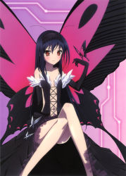 Rule 34 | 10s, 1girl, absurdres, accel world, antenna hair, bare shoulders, black hair, bug, butterfly, butterfly wings, detexted, dress, elbow gloves, gloves, hairband, highres, insect, insect wings, kuroyukihime, long hair, long legs, nomura masashi, official art, red eyes, skirt, solo, third-party edit, wings