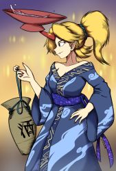 Rule 34 | 1girl, absurdres, balancing, blonde hair, blue kimono, breasts, cleavage, closed mouth, cloud print, collarbone, commentary, english commentary, fang, fingernails, giantcavemushroom, gourd, hand on own hip, highres, holding, horns, hoshiguma yuugi, hoshiguma yuugi (kimono), japanese clothes, kimono, long fingernails, long hair, long sleeves, looking to the side, nail polish, oni horns, pointy ears, ponytail, purple sash, red nails, sash, solo, touhou, sunken fossil world, wide sleeves