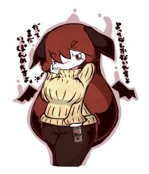 Rule 34 | 1girl, beer can, blush stickers, breasts, can, chibi, commentary request, contemporary, demon girl, demon wings, drink can, drunk, female focus, head wings, koakuma, large breasts, long hair, looking at viewer, okami (kami soubi), pants, plump, red eyes, red hair, ribbed sweater, solo, squeans, sweater, text focus, touhou, translation request, wings