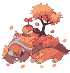 Rule 34 | alternate color, autumn leaves, charamells, closed eyes, commentary, creatures (company), english commentary, evolutionary line, game freak, gen 4 pokemon, grotle, highres, lying, mushroom, nintendo, no humans, on stomach, orange theme, pokemon, pokemon (creature), sketch, sleeping, spikes, torterra, tree, turtwig, white background