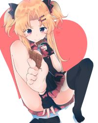 Rule 34 | 1girl, akatsuki uni, barefoot, black thighhighs, blonde hair, chocolate, feet, female focus, gloves, hair ornament, highres, parted bangs, pleated skirt, red skirt, ryannari, skirt, smile, soles, solo, thighhighs, toes, two side up, uni create