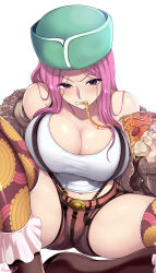 Rule 34 | 1girl, belt, breasts, cleavage, food, hat, highres, holding, holding food, holding pizza, jewelry bonney, kasai shin, large breasts, long hair, one piece, piercing, pink hair, pizza, purple eyes, solo, spread legs, suspenders, thighhighs