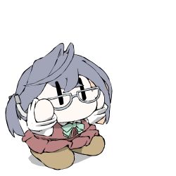 Rule 34 | 1girl, blue bow, blue bowtie, bow, bowtie, brown footwear, chibi, commentary request, dress, dress shirt, glasses, grey-framed eyewear, halterneck, kantai collection, multicolored hair, no mouth, okinami (kancolle), purple dress, shirt, shoes, short hair, simple background, solo, task (s task80), white background, white shirt, | |