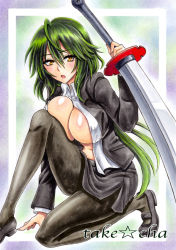 Rule 34 | 10s, 1girl, artist name, bad id, bad pixiv id, black footwear, black pantyhose, blush, breasts, brown eyes, cleavage, female focus, green hair, hair between eyes, infinite stratos, large breasts, long hair, marker (medium), navel, open clothes, open mouth, orimura chifuyu, pantyhose, pastel (medium), shoes, solo, sword, takecha, traditional media, very long hair, weapon