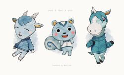 Rule 34 | 3boys, :d, ^ ^, animal crossing, aran sweater, artist name, black eyes, blue hair, blue sweater, blush, blush stickers, buttons, cable knit, character name, closed eyes, closed mouth, collared shirt, commentary, eyelashes, filbert (animal crossing), furry, furry male, goat boy, grey horns, hands up, highres, horns, horse boy, julian (animal crossing), kaji (oni atat), long sleeves, looking at viewer, multiple boys, nintendo, open mouth, sherb (animal crossing), shirt, simple background, single horn, smile, squirrel boy, sweater, symbol-only commentary, twitter username, white background, white shirt