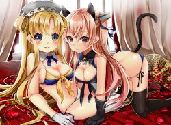 Rule 34 | 2girls, all fours, animal ears, ass, bare shoulders, bikini, black legwear, blonde hair, blue eyes, blush, breasts, brown eyes, cat ears, cat tail, cleavage, closed mouth, collarbone, commentary request, curtains, detached collar, double bun, fletcher (kancolle), gloves, gouda nagi, hair between eyes, hair bun, hairband, indoors, johnston (kancolle), kantai collection, kerchief, large breasts, light brown hair, long hair, looking at viewer, lying, multiple girls, navel, open mouth, petals, pillow, side-tie bikini bottom, smile, string bikini, swimsuit, tail, thighhighs, two side up, united states medal of honor, white gloves
