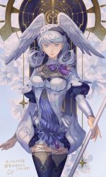 Rule 34 | 1girl, blue eyes, closed mouth, curly hair, dress, earrings, head wings, highres, holding, holding staff, jewelry, long sleeves, melia antiqua, nintendo, o-ring, poten, puffy sleeves, short dress, silver hair, smile, solo, staff, thighhighs, wings, xenoblade chronicles, xenoblade chronicles: future connected, xenoblade chronicles (series), xenoblade chronicles 1
